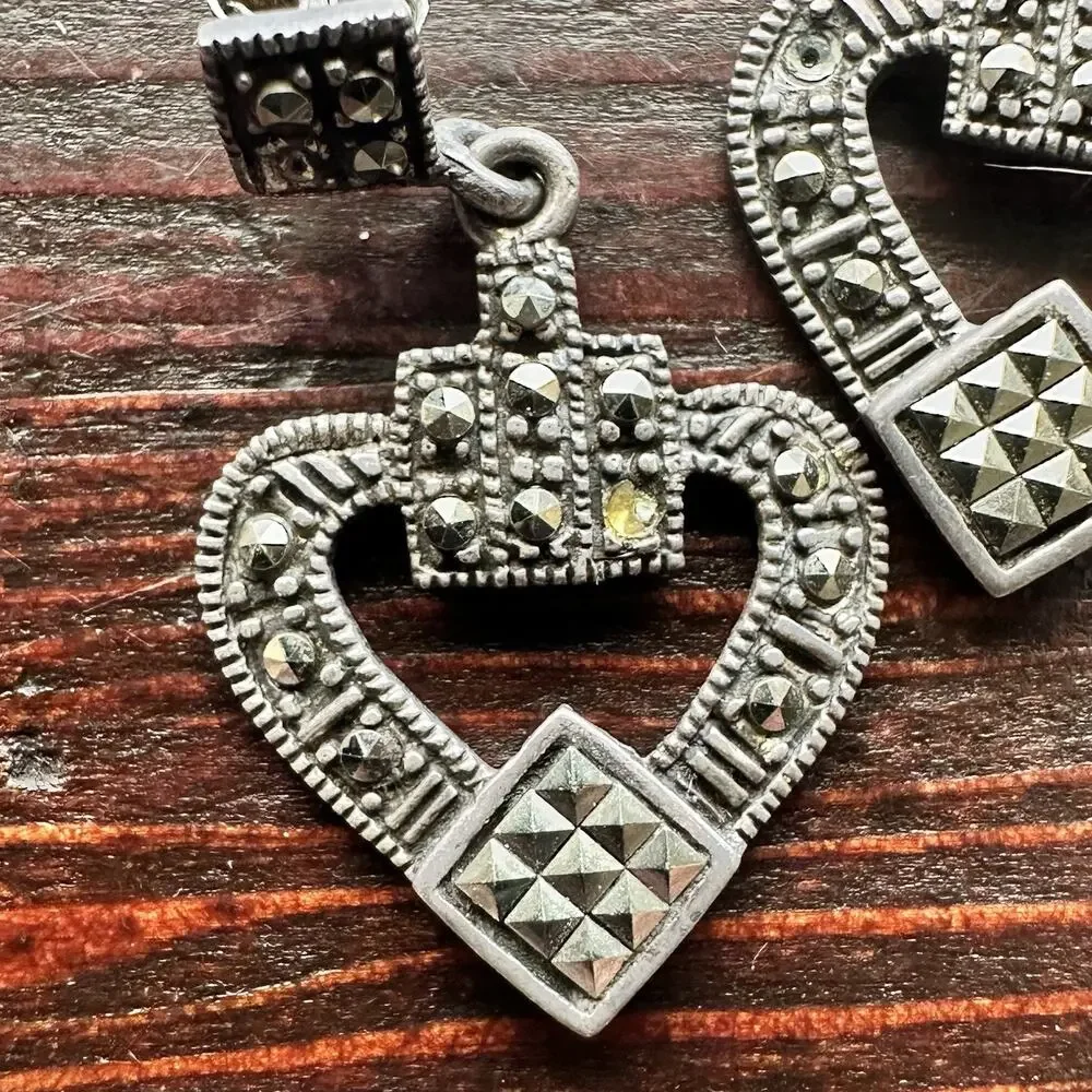 Vintage 925 Sterling Silver Natural Marcasite Heart Pierced Earrings Art Deco